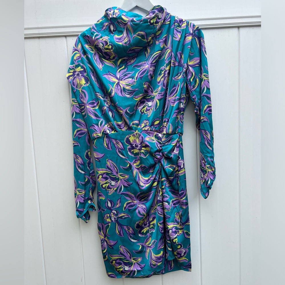 Calliope Floral Long Sleeve Satin Mini Dress Ruched Cowl Neck Cocktail Sz Medium